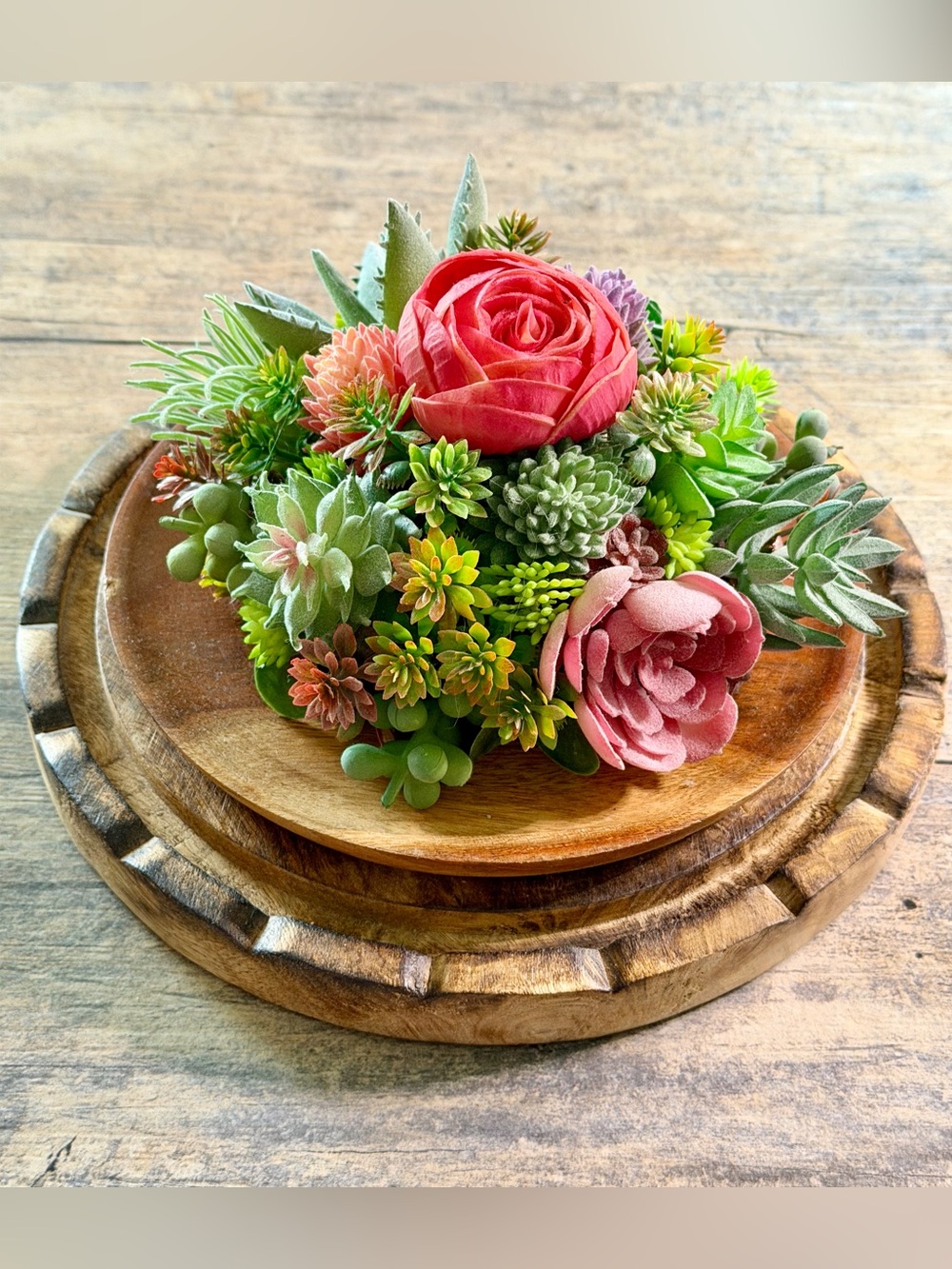 Handcrafted Artificial Succulent Plant and Pink Rose Centerpiece